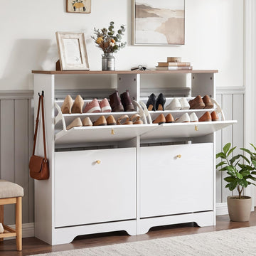 Shoe Cabinet, 4 Flip Drawers Slim White with Walnut Top Entryway