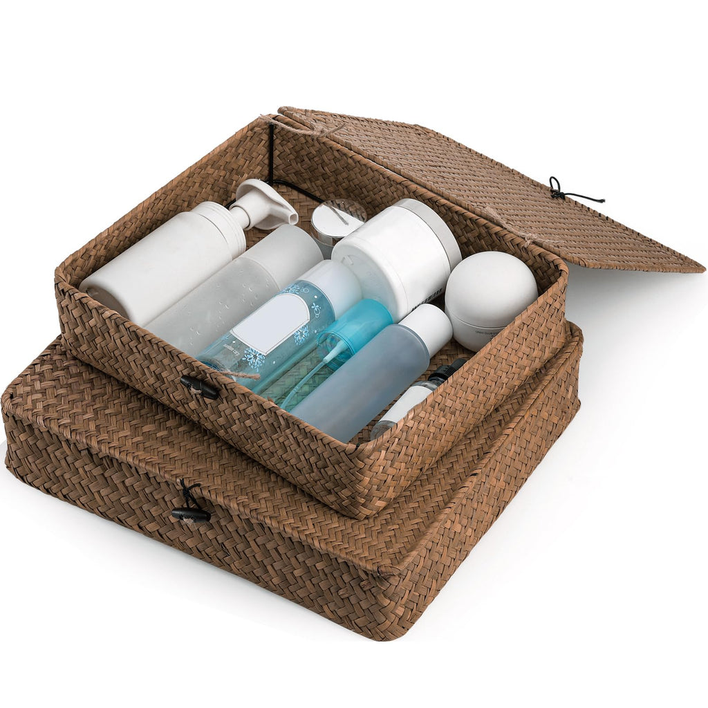 2 Pack Flat Wicker Woven Storage Bins with Lid and Wood Toggle, Natural Handmade Seagrass Basket Set, Rattan