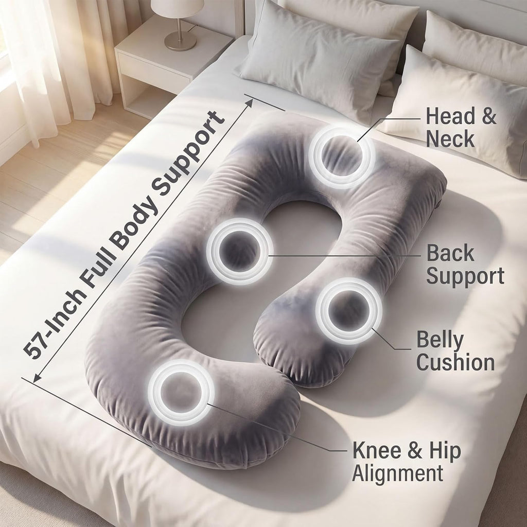 U-Shaped Full Body Pillow for Adults, Maternity Pillow with Washable Velvet Cover, Ergonomic Support for Back, Belly