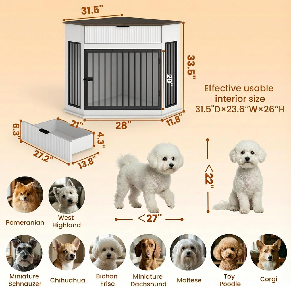 Corner Dog Crate Furniture with Corner Fit Design, Wooden Dog Kennel with Fluted Storage Drawer, Decorative