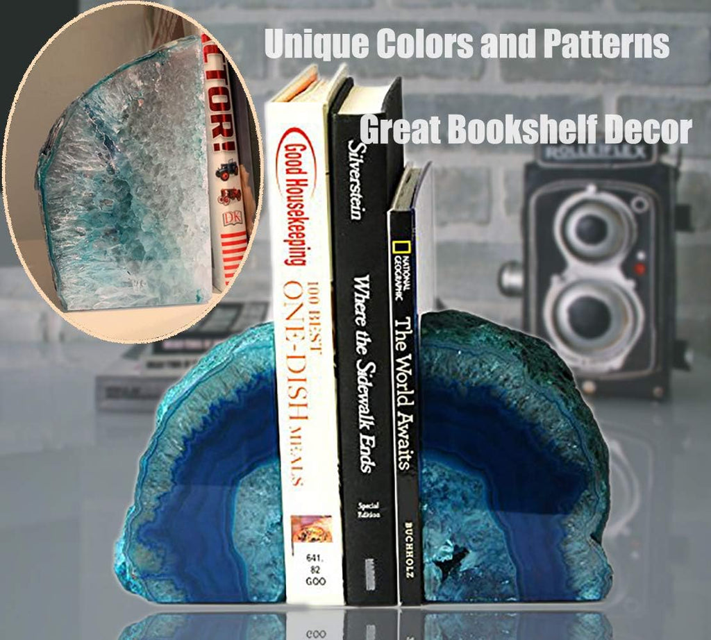 Agate Bookends Geode Book Ends Heavy Duty Bookend Holder Decor with Rubber Bumpers 1 Pair Teal 2-3 lbs and 1