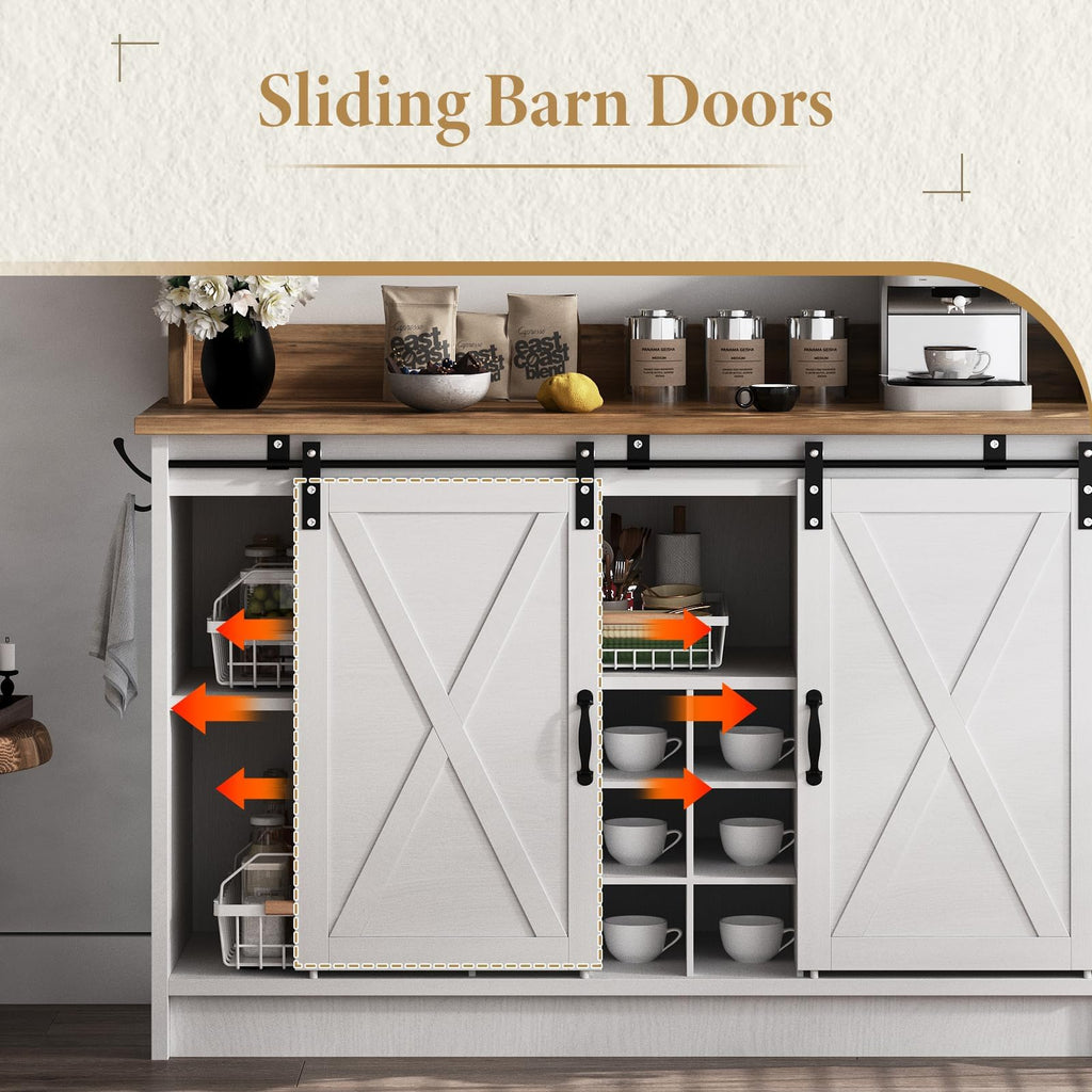 47" Farmhouse Coffee Bar Cabinet with Storage Hutch, White