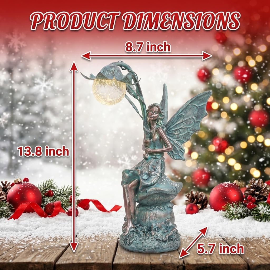 Fairy Garden Statue Solar Resin Patina Bronze 13.8"