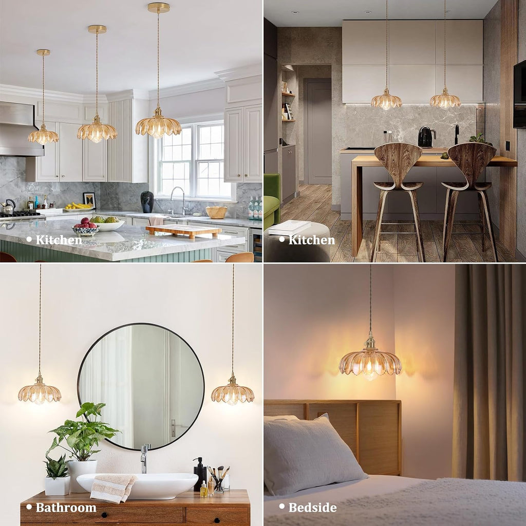 Pendant Light with Amber Scindapsus Glass Lmapshade, Brass Vintage Pendant Light Adjustable Hanging Light for Kitchen