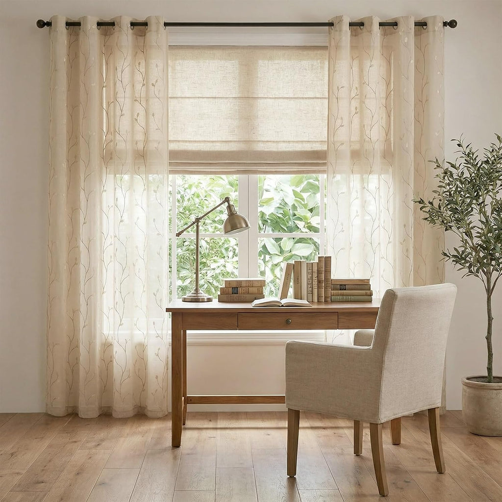 Sheer Curtains for Bedroom 96 Inch Length Leaf Embroidered Semi Sheers for Living Room Botanical Embroidery Voile