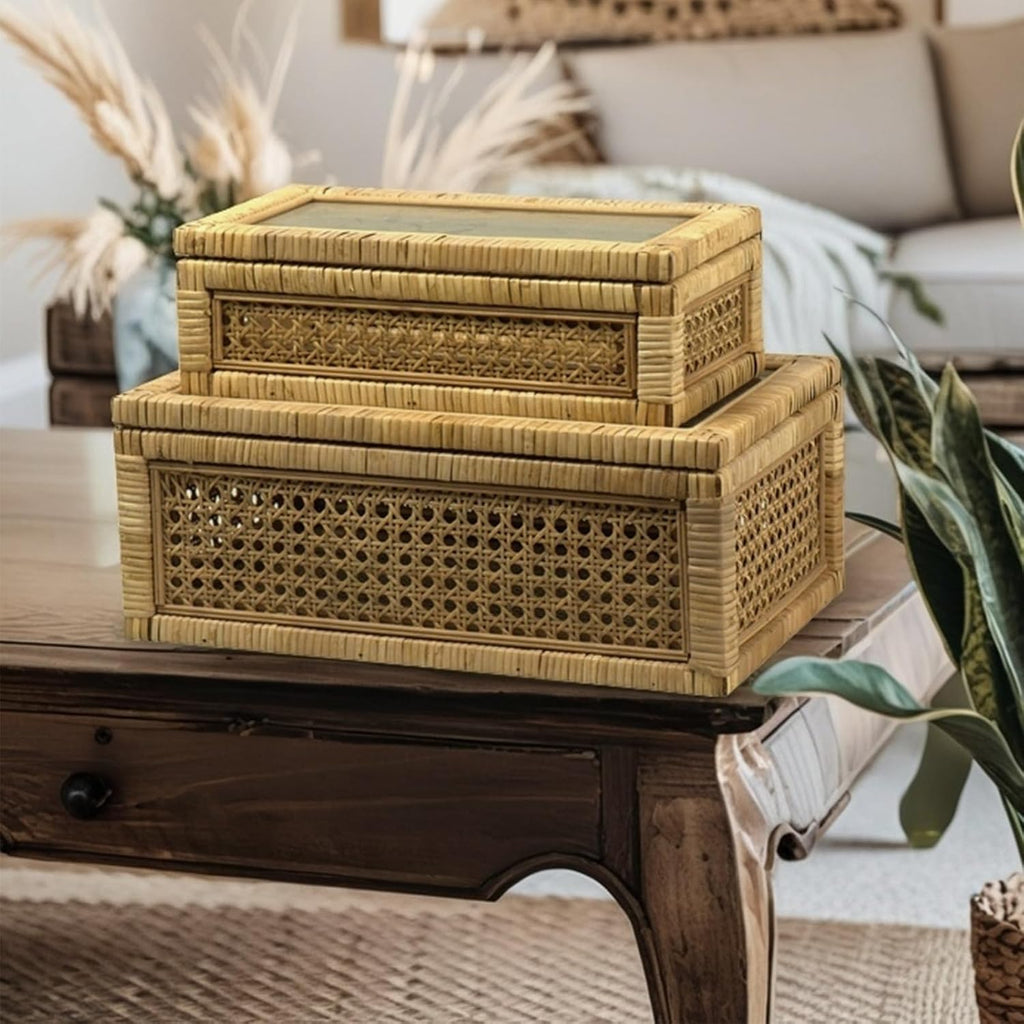 Rattan Display Box Decor with Lid - Rectangular Coastal Bohemian Style Stackable Decorative Storage Box Set