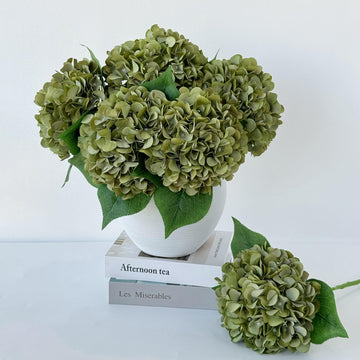 5 Pcs Silk Green Artificial - 20'' Faux Hydrangeas for Spring Indoor/Outdoor Home Decor & Wedding Arrangement