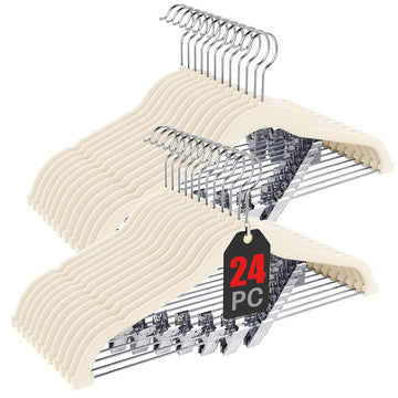 24-Pack Beige Velvet Hangers with Clips Adjustable, Adult Hangers, Outfit Hangers, Heavy-Duty, Non-Slip, Space Saving