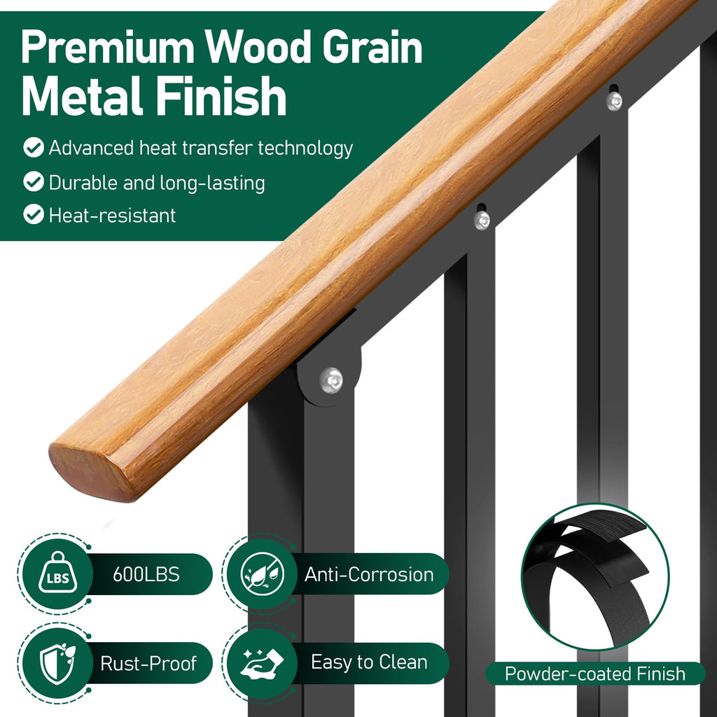 Hand Rails for Outdoor Steps 3-Step Railing Metal Wood-Grain