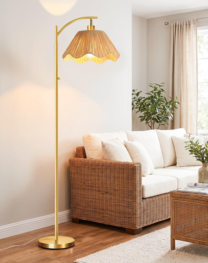 Arc Floor Lamp, Rattan Boho Floor Lamp with Hand-Woven Raffia Shade, Stepless Dimmable Rotary Switch, 63" Gold