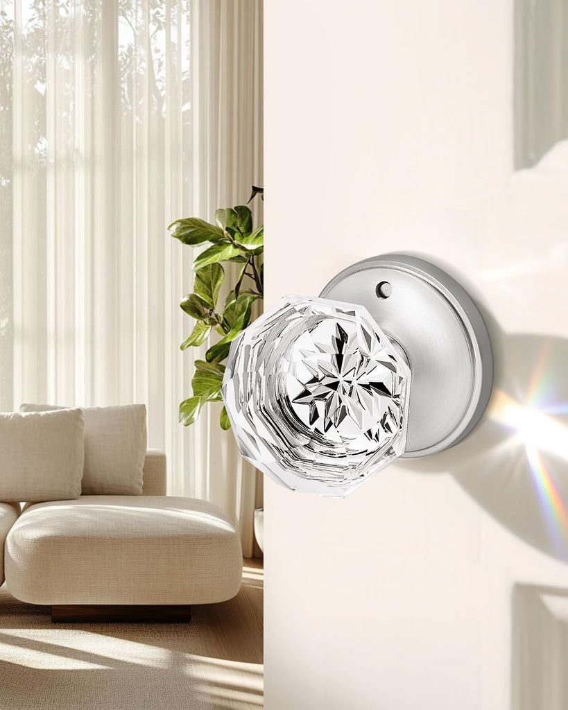 5 Pack Privacy Door Knobs, Clear Glass Door Handles with Satin Nickel Finish, Crystal Interior Door Handles for