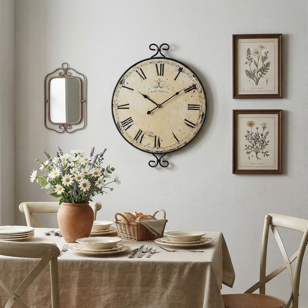 24 Inch Large Farmhouse Wall Clock, Wrought Iron Frame with Retro Gold Finish, Silent Battery Operated Wall Clocks