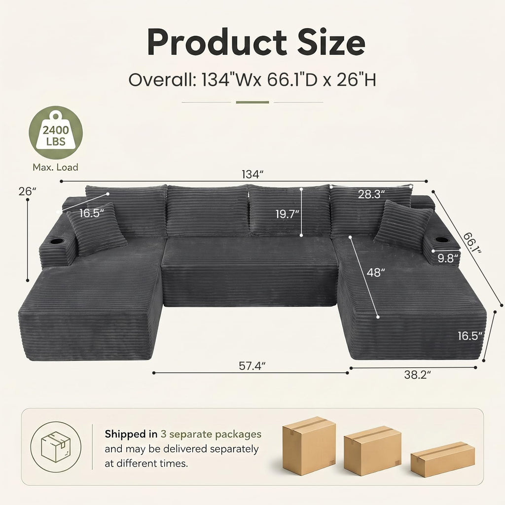 134" U Shaped Sectional Sofa with Double Chaise No Assembly Charcoal