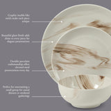 Cloudlight 12 Piece Plates and Bowls Dishes Brown and White - Decorated Porcelain Ceramic Dinnerware Set - Service for 4
