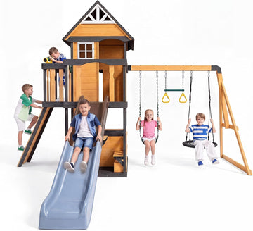 Wooden Swing Sets Playground with Slide Outdoor Playset All-in-One, Natural | Premium Solid Pine Wood, Lets 10