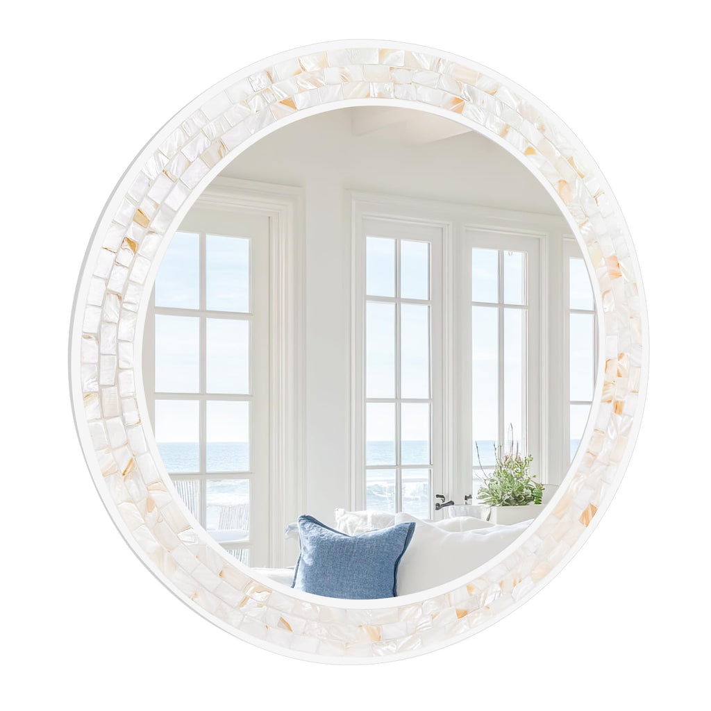 36 Inch Large Round Mirror, Natural Shell Circle Wall Decor