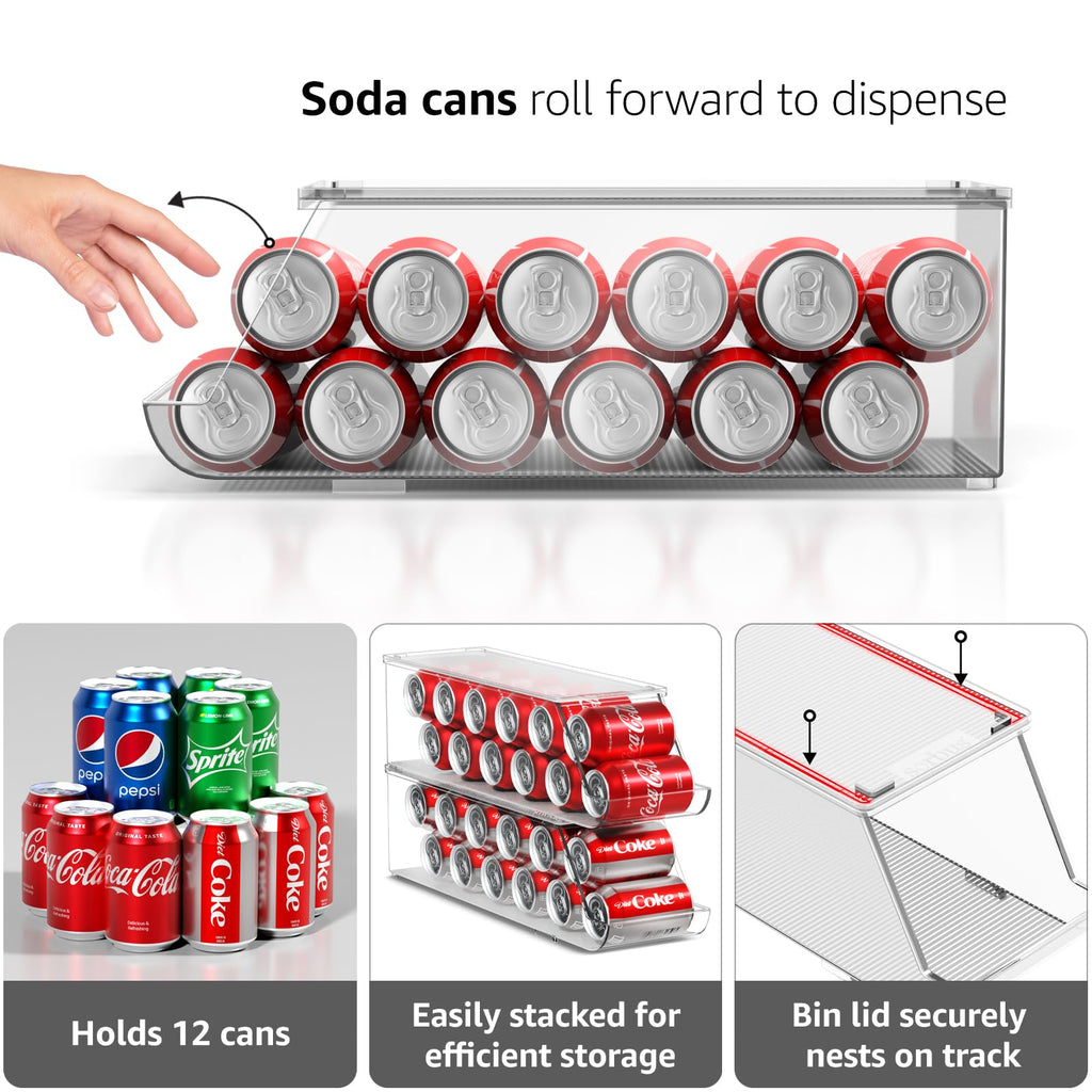 Soda Can Organizer for Fridge & Freezer, Stackable with Lid (2 Pack)