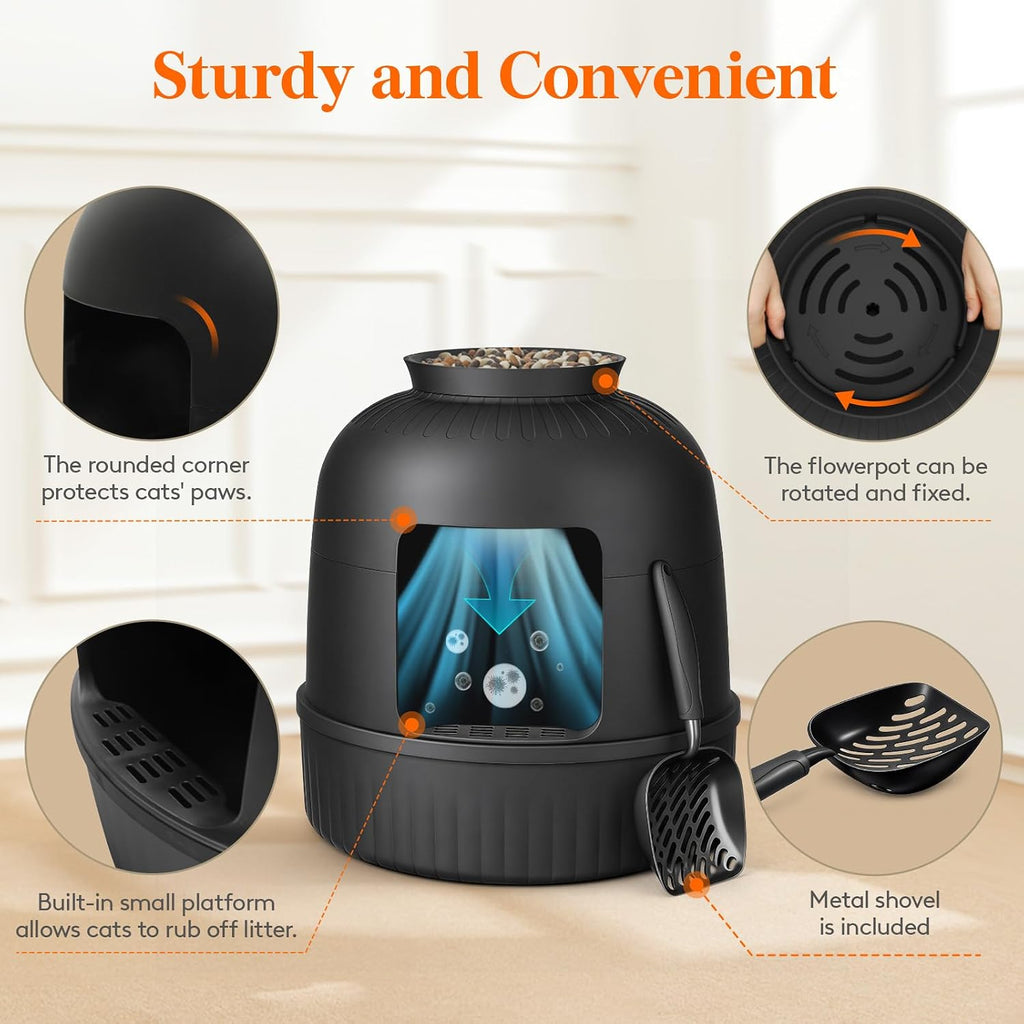 Hidden Plant Cat Litter Box with Stainsteel Scoop, Black