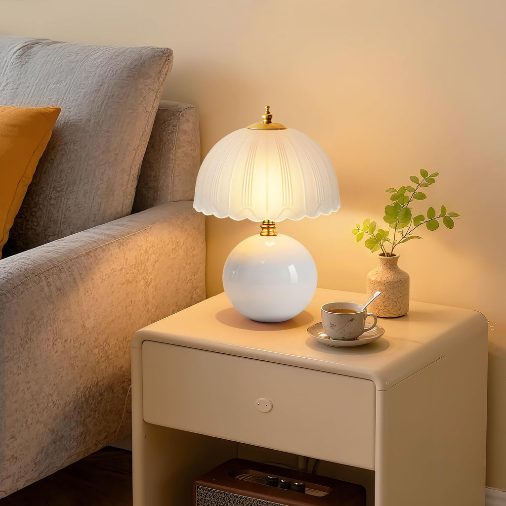 Mushroom Table Lamp, Ceramic Bedside Lamp with Glass Shade, 3-Way Lighting (2700K-5000K) Rocker Switch, Small
