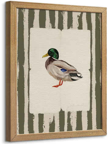 Wood Framed Mallard Duck Wall Art, Vintage Rustic Green Gingham Duck Print Canvas, Woodland Bird Illustration Poster