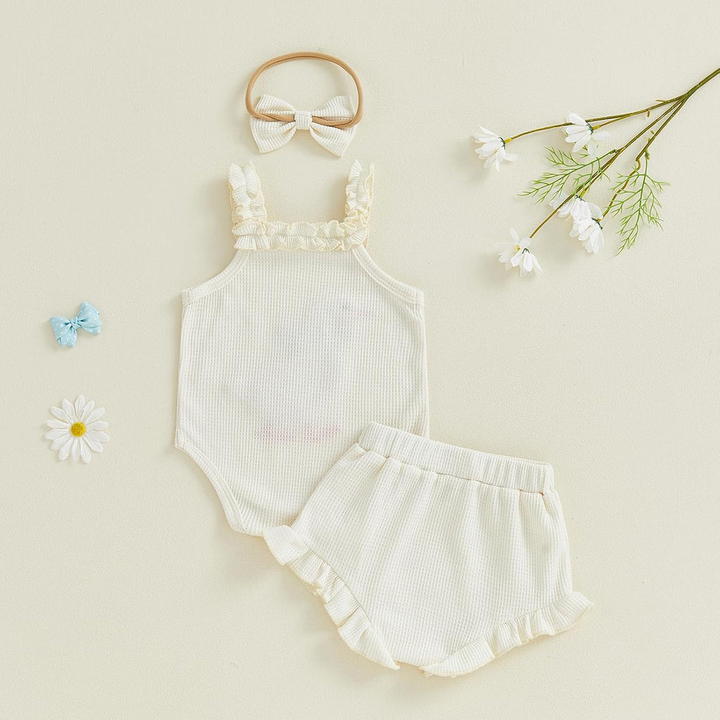 Newborn Baby Girl Summer Outfits Ribbed Sleeveless Embroidery Romper Ruffle Bloomers Shorts and Headband 3Pcs Set