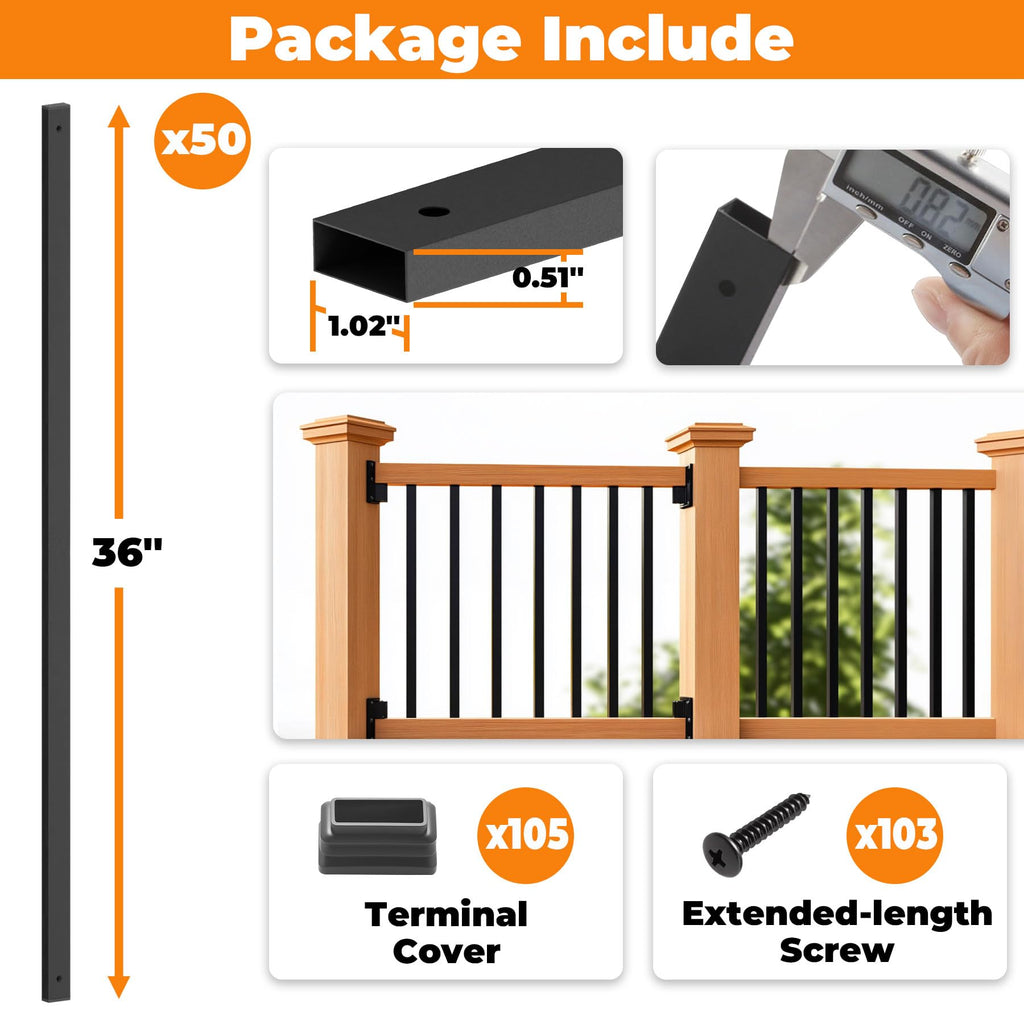 50 Pack 36" Metal Deck Balusters for Deck, Porch and Stair Railings