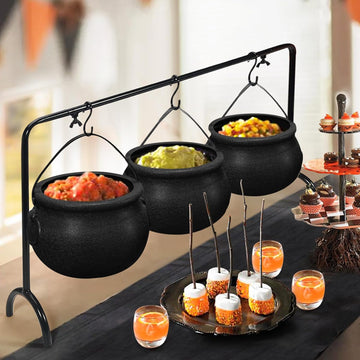 Halloween Decorations Indoor, 3 Pack Witches Cauldron Serving Bowls on Rack - Set of 3