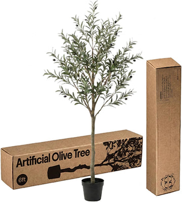 Artificial Olive Tree 6ft Indoor - Faux Olive Tree with Real Wood Trunk & Adjustable Branches, Tall Fake Plant &