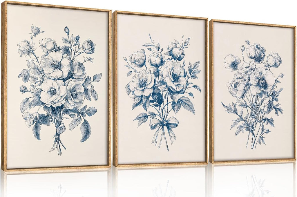 Navy Blue Floral Framed Canvas Wall Art Set,Vintage Botanical Flower Wall Decor,Modern Minimalist Bouquet Art