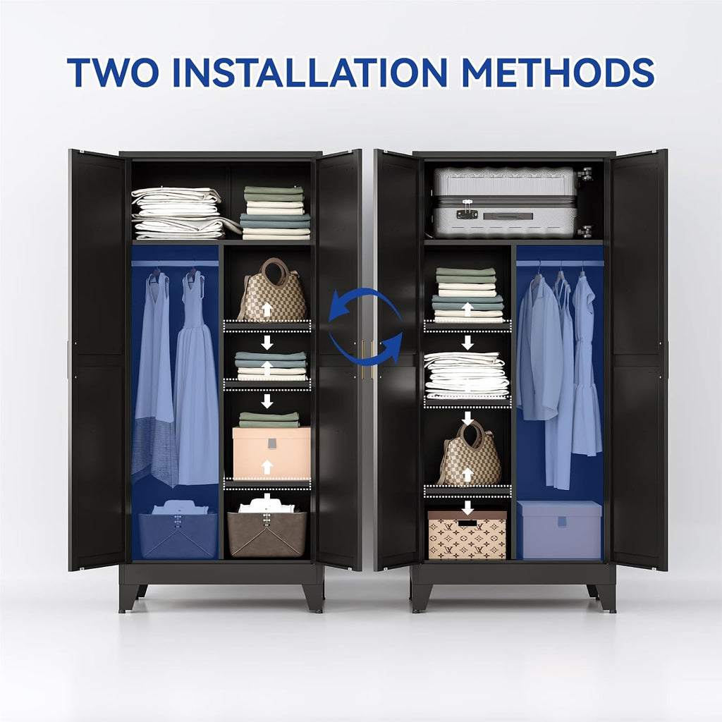 Wardrobe Closet with Doors, Metal Bedroom Armoire with Adjustable Hanging Rod and Shelves, Farmhouse Broom Closet