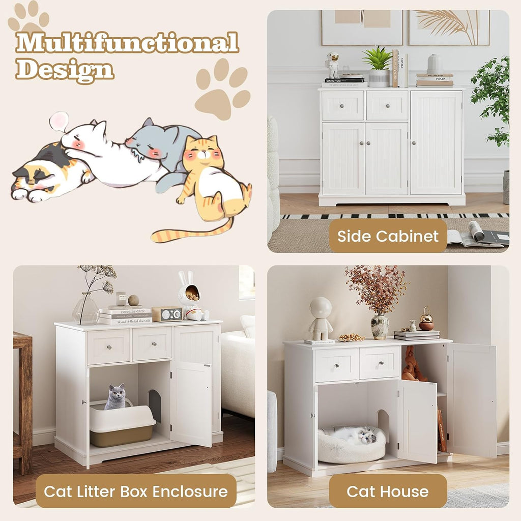 Litter Box Enclosure, 40 Inch Enclosed Cat Box Cabinet with 2 Storage Drawers, 3 Doors & 2 Entrances, Hidden Cat