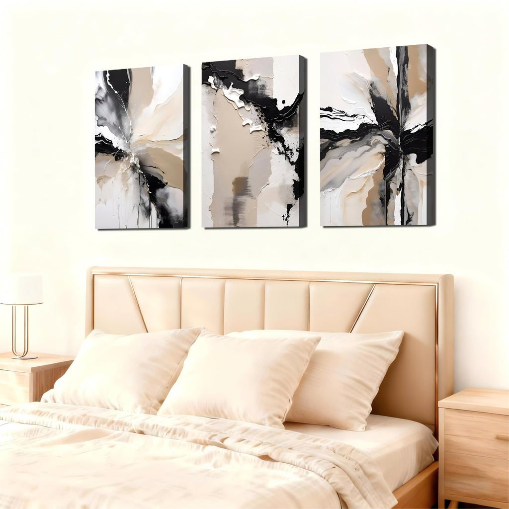 Large Canvas Wall Art Office, 3 Piece Black Beige Abstract Canvas Prints Pictures, Neutral Modern Paintings, Extra