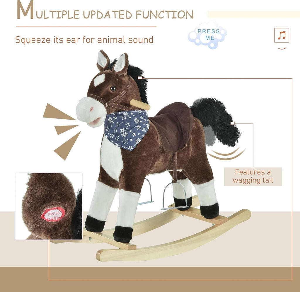Kids Plush Ride-On Rocking Horse Toy with Fun Realistic Sounds Brown