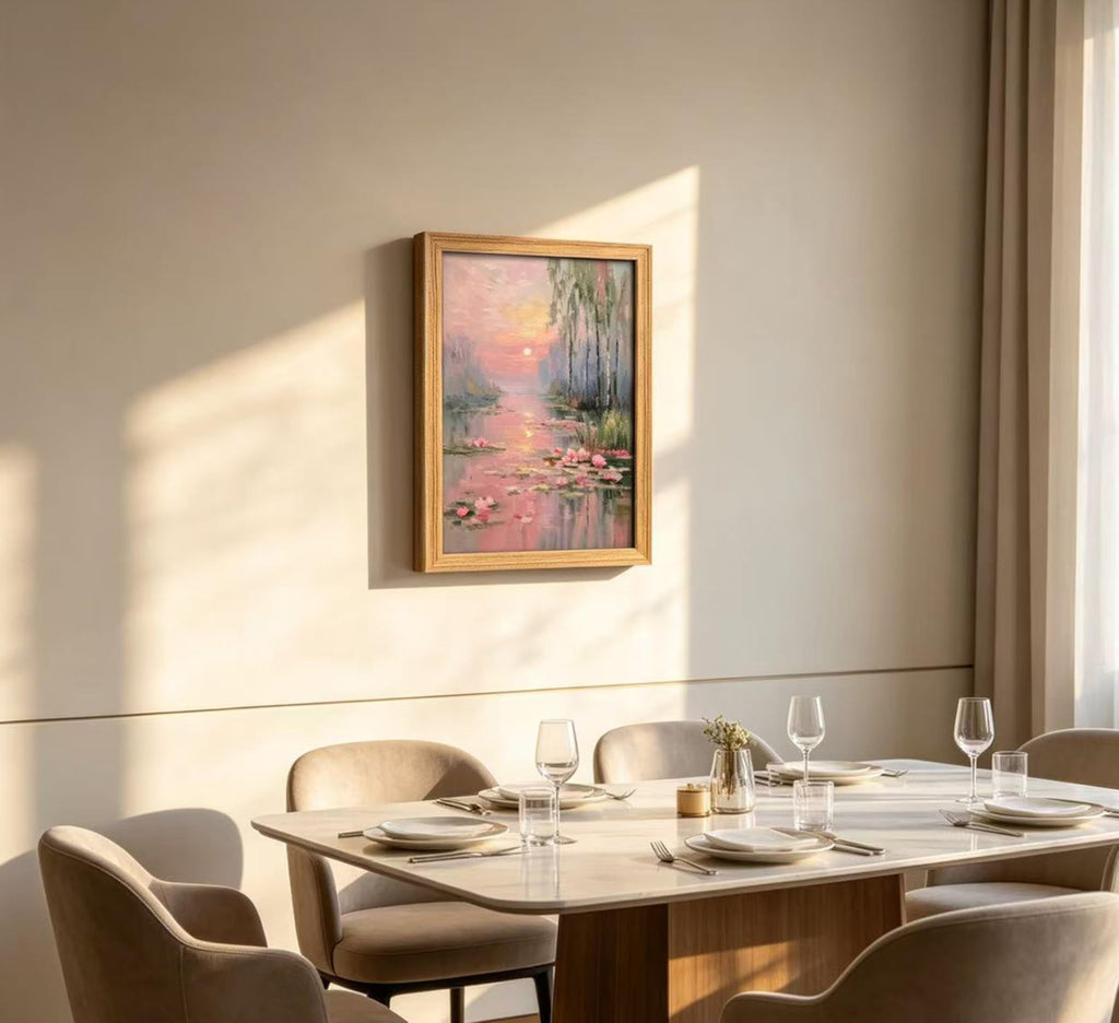 Framed Pink Water Lilies Wall Art, Impressionist Lotus Pond Oil Painting Canvas Prints, Serene Sunset Landscape Wall