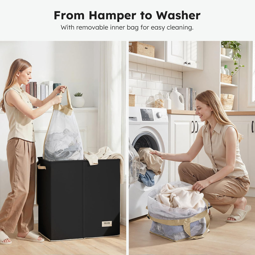 Large Double Laundry Hamper with Lid,165L Collapsible Clothes Hamper 2 section with Removable Bags, Space-Saving