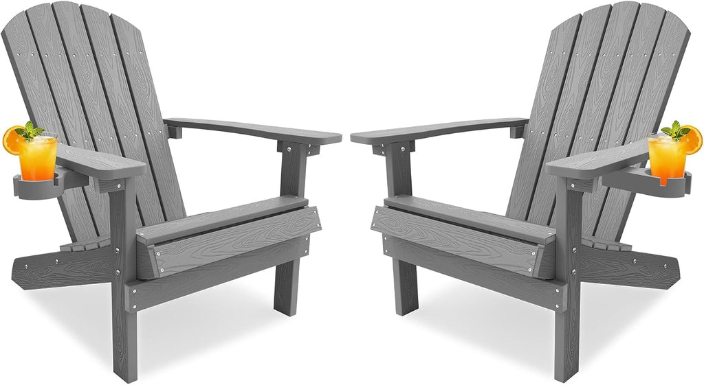 Adirondack Chairs Set of 2 with Cup Holder, Weather Resistant, Grey | HIPS Plastic Outdoor Fire Pit Chairs with Wood