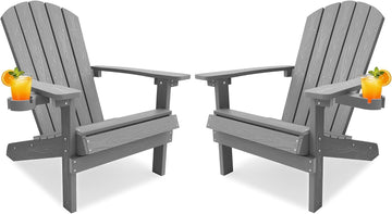 Adirondack Chairs Set of 2 with Cup Holder, Weather Resistant, Grey | HIPS Plastic Outdoor Fire Pit Chairs with Wood