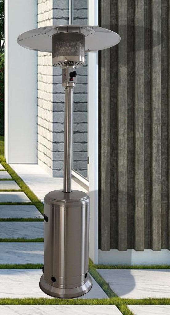 Industrial 46,000 BTU Standing Patio Heater, Steel Gray Aluminum Outdoor Heater with Wheels, Safety Shut-Off &