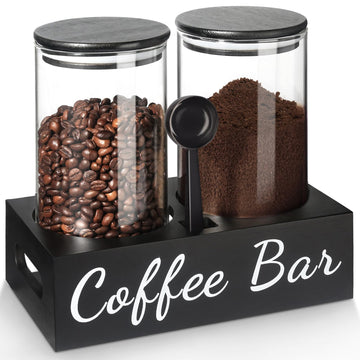 Coffee Container, 2 Pcs 50 Fl oz Airtight Bean Storage Canister, Black Glass Ground Coffee and Sugar Jar Set with