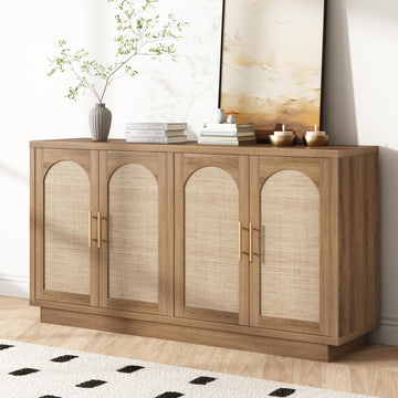 59" Rattan Sideboard Buffet Cabinet with Storage, 4 Arched Doors