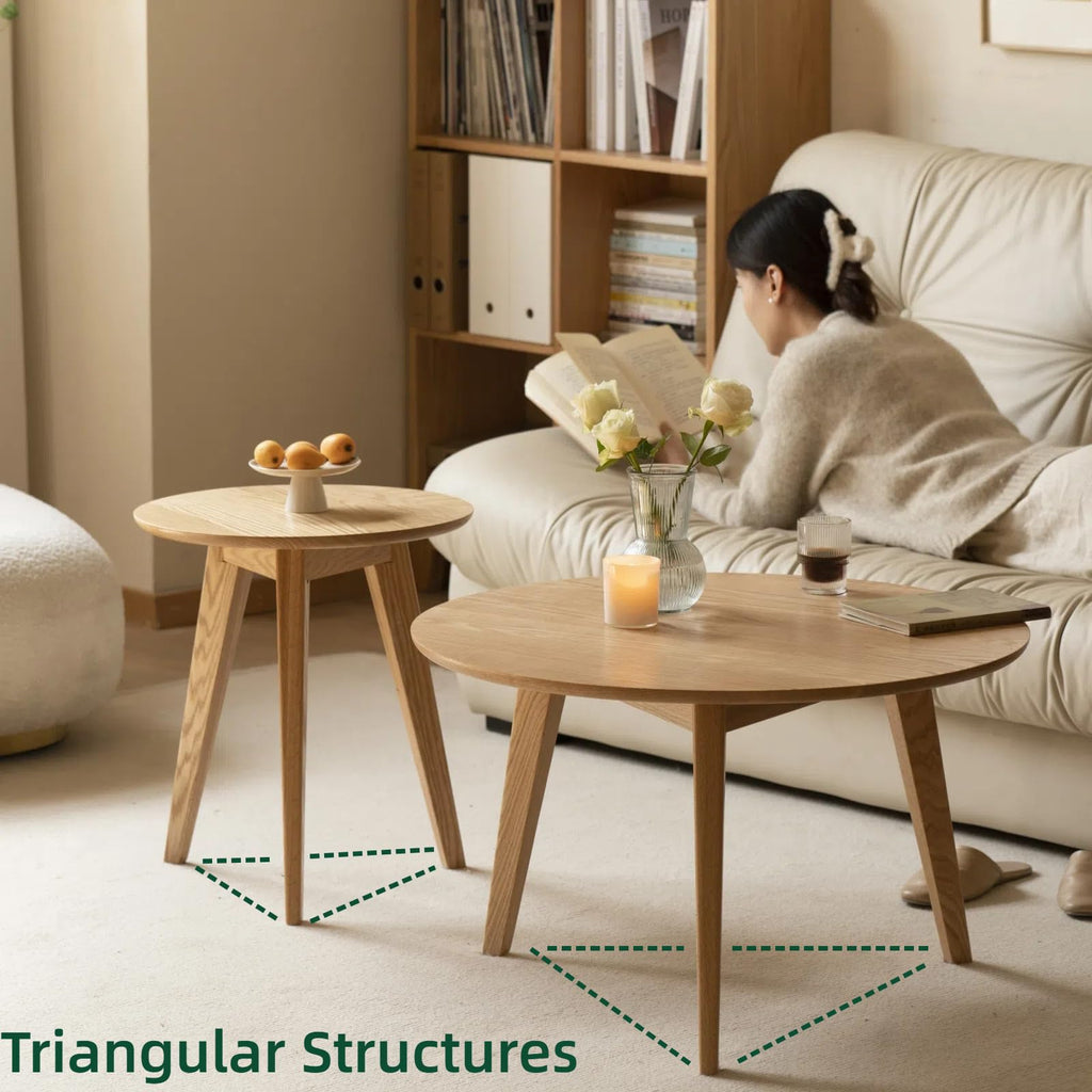 100% Solid Oak Wood Mini Coffee Table, Round Living Room Table Side Table w/Solid Wood Legs, Natural Minimalist