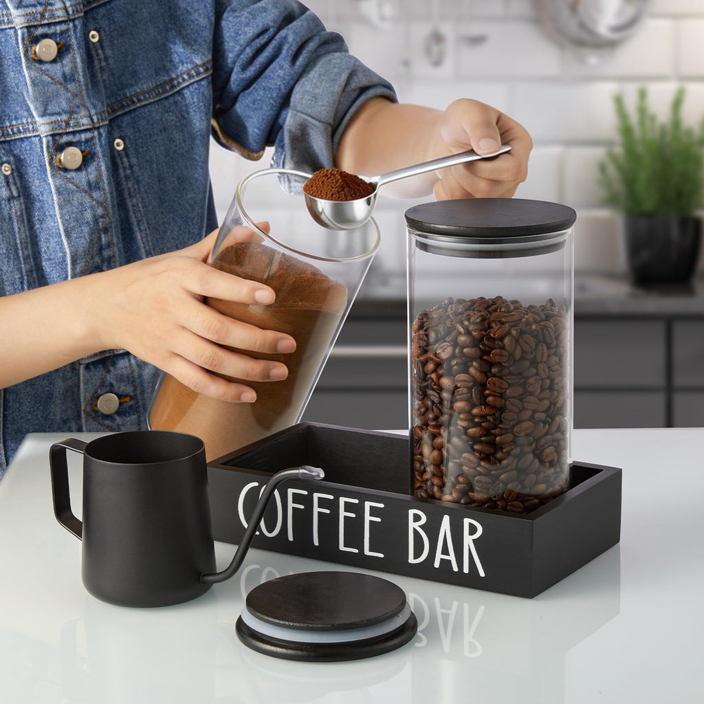 Glass Coffee Canister for Ground Coffee - 2Pcs 45oz Coffee and Sugar Container Set with Airtight Bamboo Lids and