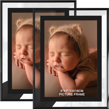 5x7 Picture Frames Set of 2, Black Glass Photo Frame, Only for Tabletop Display, Gift Picture Frame, Horizontally or