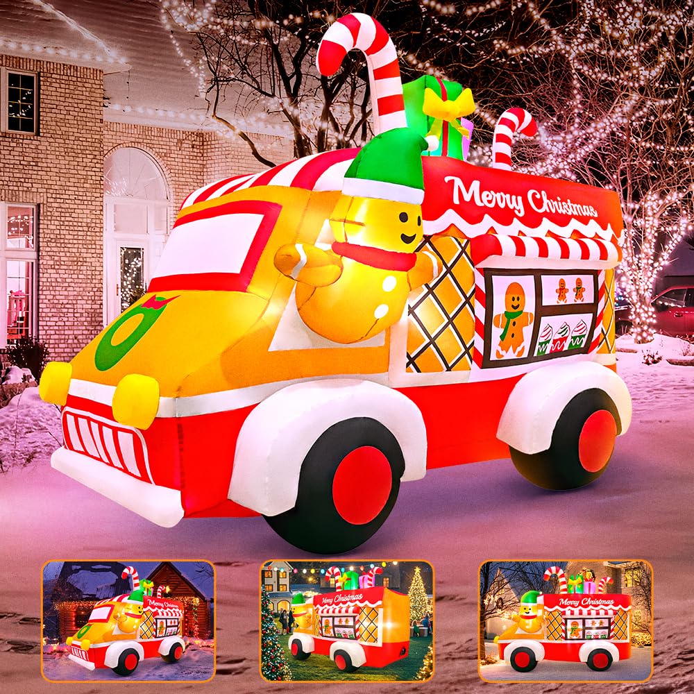 6FT Christmas Inflatables Truck, Gingerbread Car Blow Up Yard Decoration Xmas Inflatable Train with Built-in LEDs for