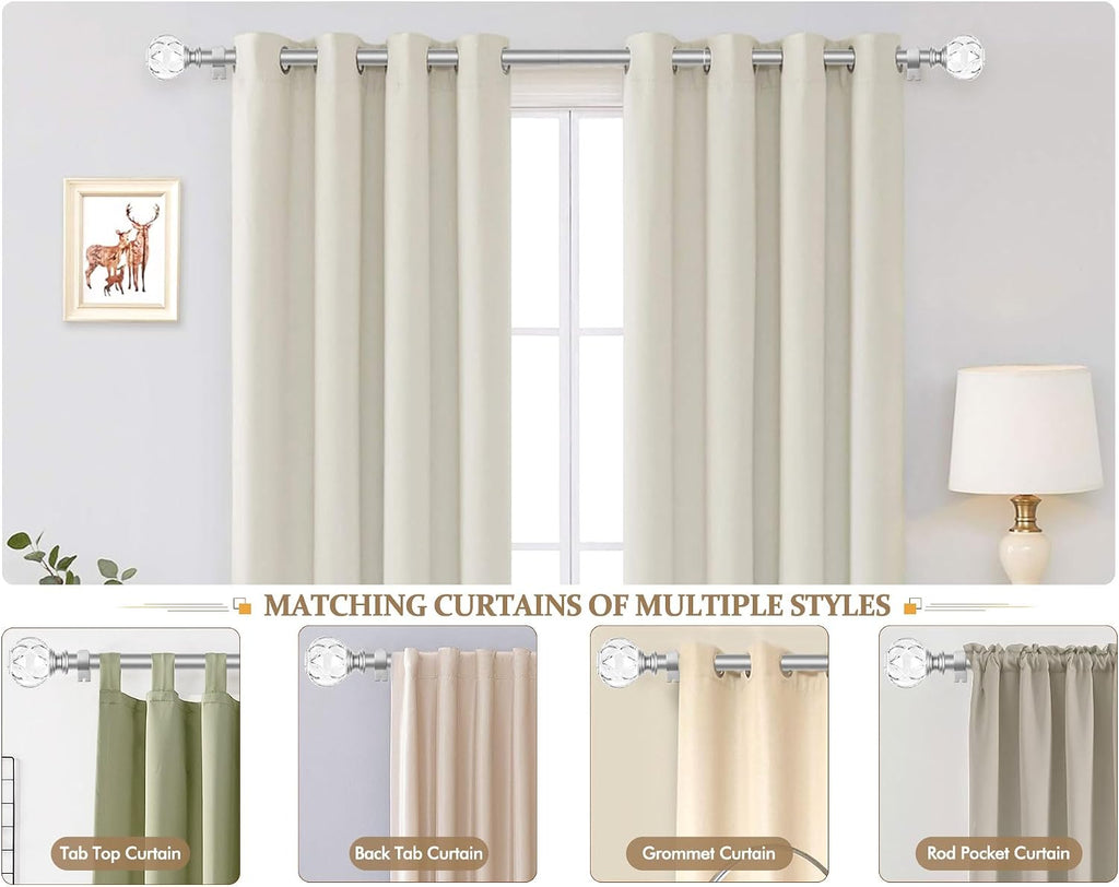 1 Inch Curtain Rod for Windows, Silver Telescoping Decorative Drapery Rods with Acrylic