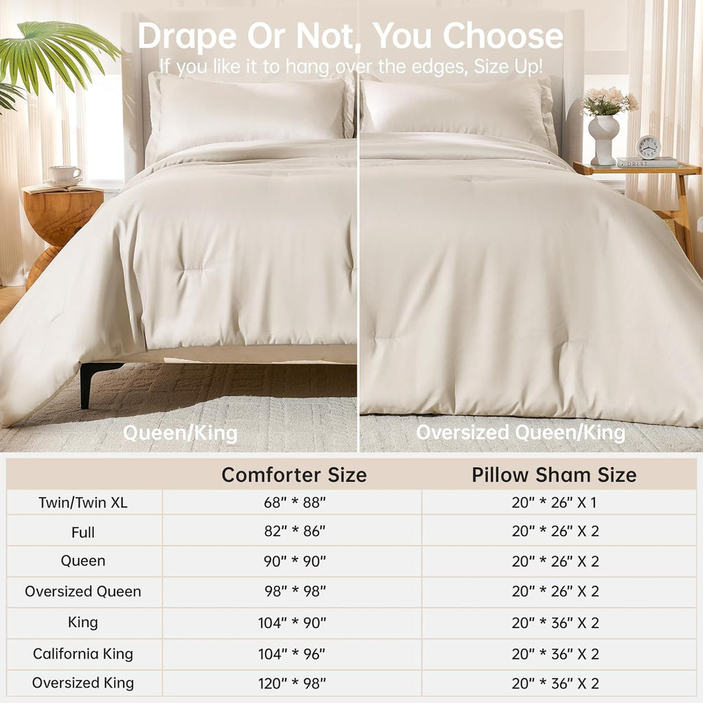 Queen Comforter Set Beige, 3 Piece Solid Bedding for All Seasons