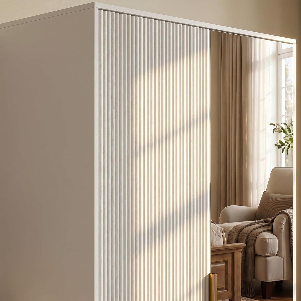 29.5" W Wardrobe Armoire with Mirror, Fluted Door & LED Light, Wooden Closet Storage Cabinet with Hanging Rod, 2