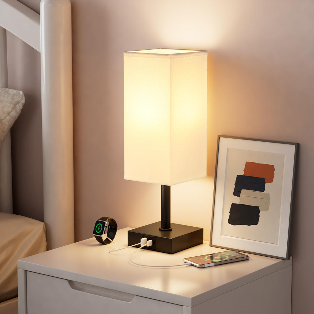 Touch Table Lamp - Dimmable, USB C+A, White Lamphade Black Base