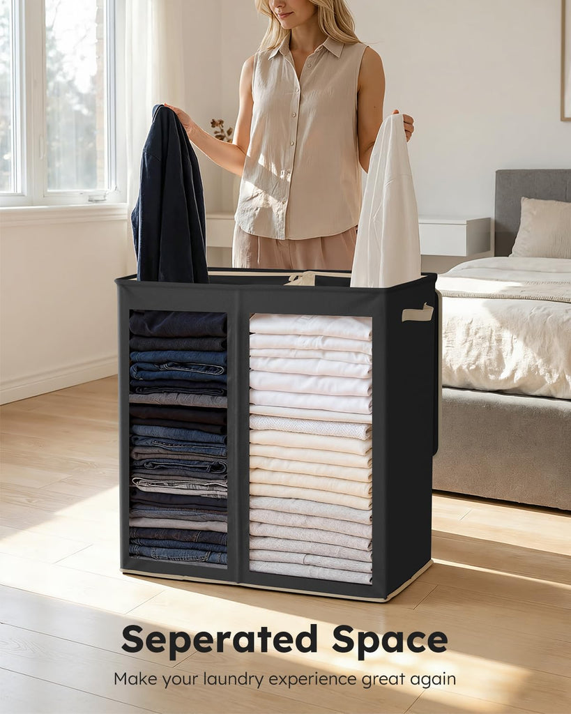 Large Double Laundry Hamper with Lid,165L Collapsible Clothes Hamper 2 section with Removable Bags, Space-Saving