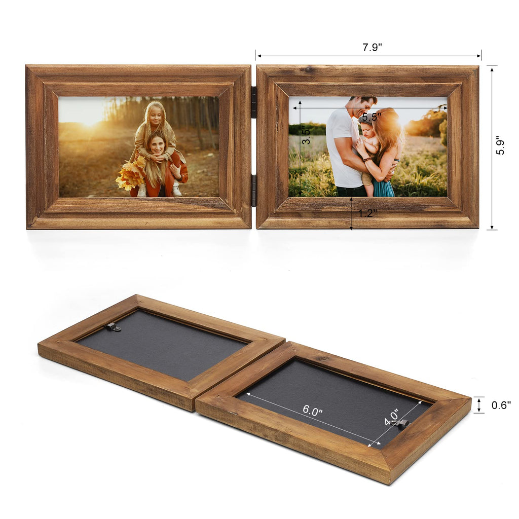 Horizontal 4X6 Picture Frames Double Hinged Wood Folding Photo Frames with Real Glass Front Fit for Desktop or